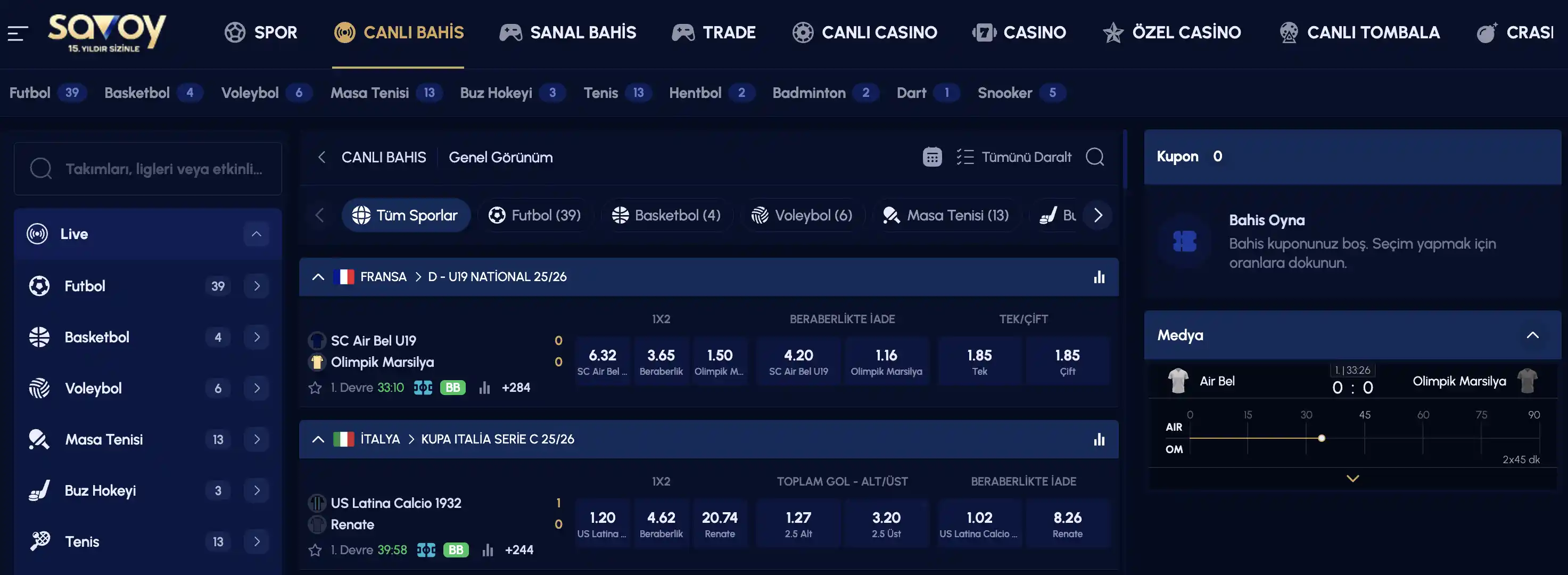 Savoy Betting canlı bahis arayüzü ekran görüntüsü